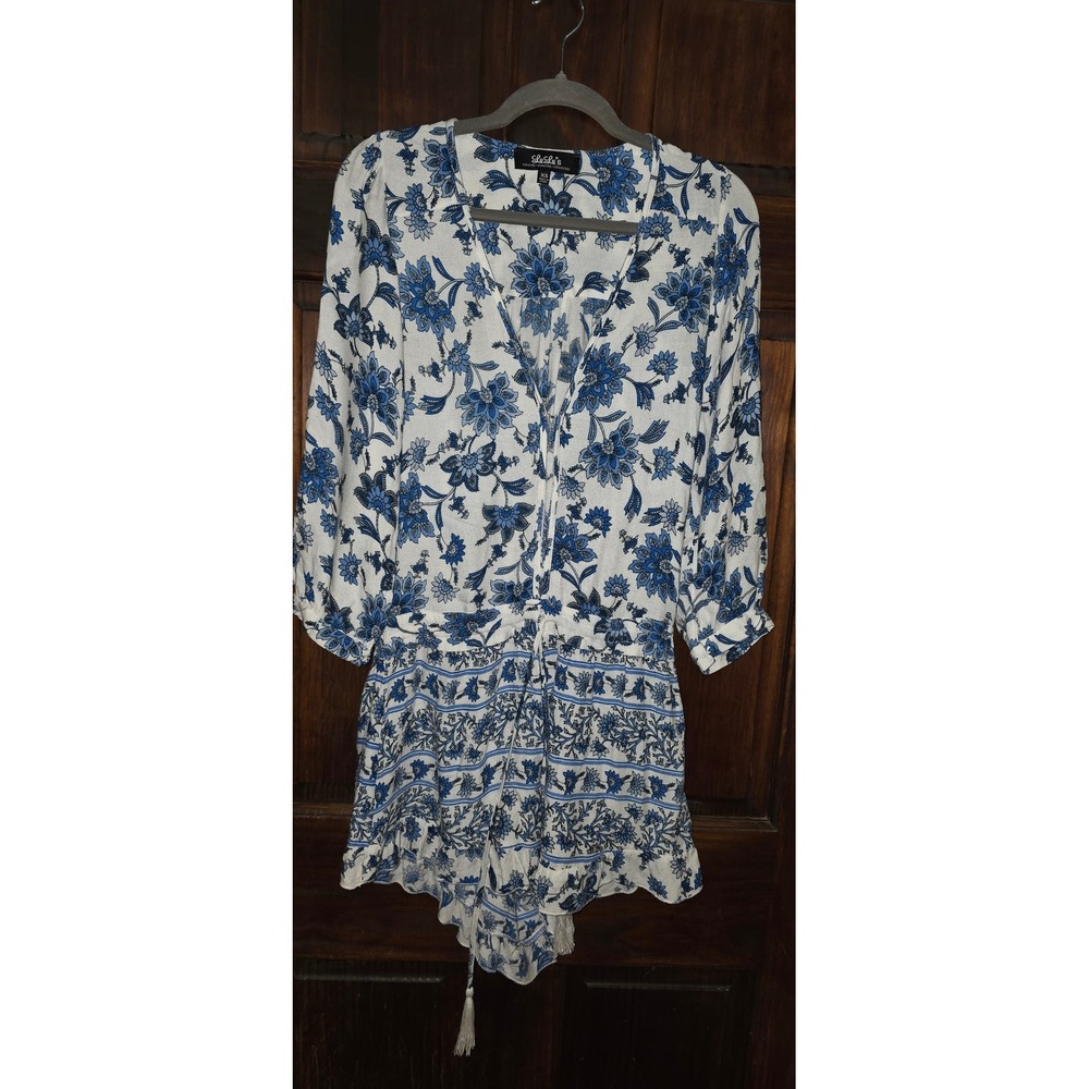 Lulus Floral V-Neck Romper Blue White Tassel Ruffle Long Sleeve XS